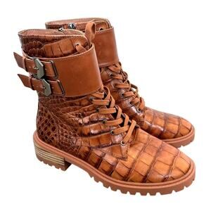 NEW Vince Camuto Fawdry Combat Boots in Brown Faux Croc Leather